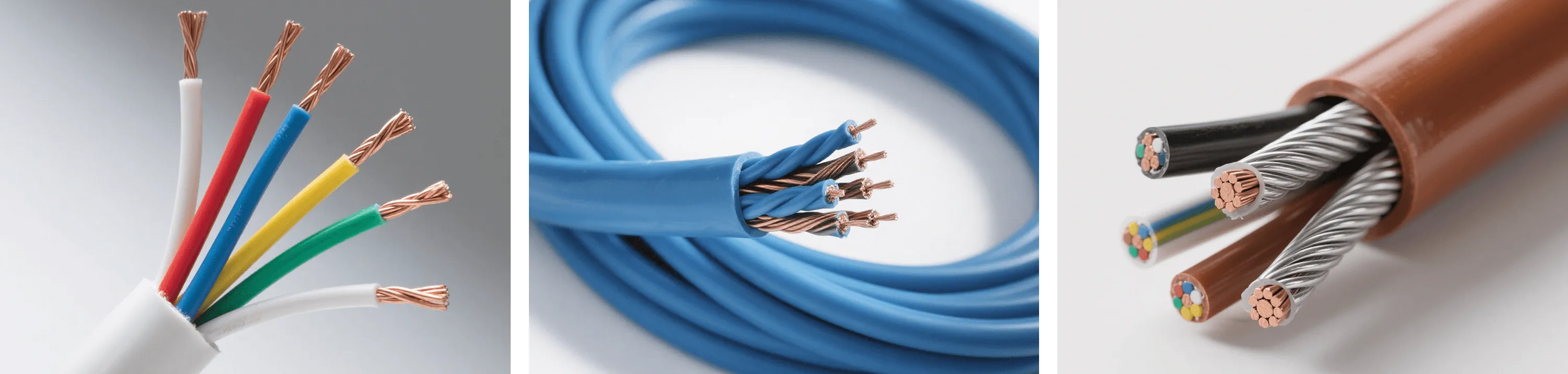Three detailed views of multi-conductor cables:
Left: Close-up of a cut end of a white-sheathed cable, revealing five color-coded conductors (red, blue, yellow, green, white) with exposed copper strands, showcasing internal conductor arrangement.
Middle: A coiled blue-sheathed cable with the end partially stripped to display twisted multi-conductor cores, highlighting flexibility and organized winding.
Right: Cross-section view of a brown-sheathed cable, exposing multiple insulated conductors (black, white, brown) and a silver metallic shielding layer, emphasizing structural composition for signal integrity.