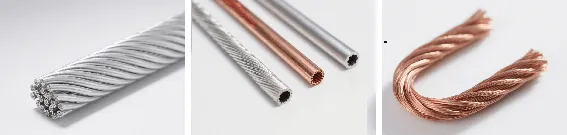Three images showcasing different metal stranded conductors: the left is a silver-colored stranded wire, the middle displays two textured metallic tubes (one silver, one copper), and the right presents a copper - colored stranded wire bent into a U - shape.